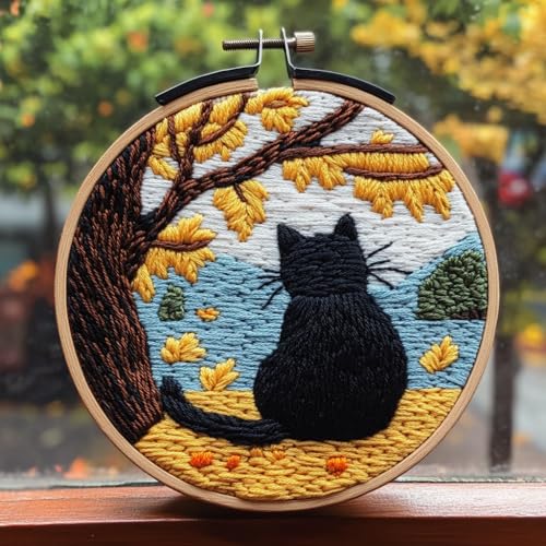 Image of DIY Punch Needle Kit Modern Black Cat Embroidery with Hoop 20x20cm | with Pattern Stamped Easy for Beginners Embroidery Punch Needle Starter Craft Set for Adults Festival Gift and Decoration