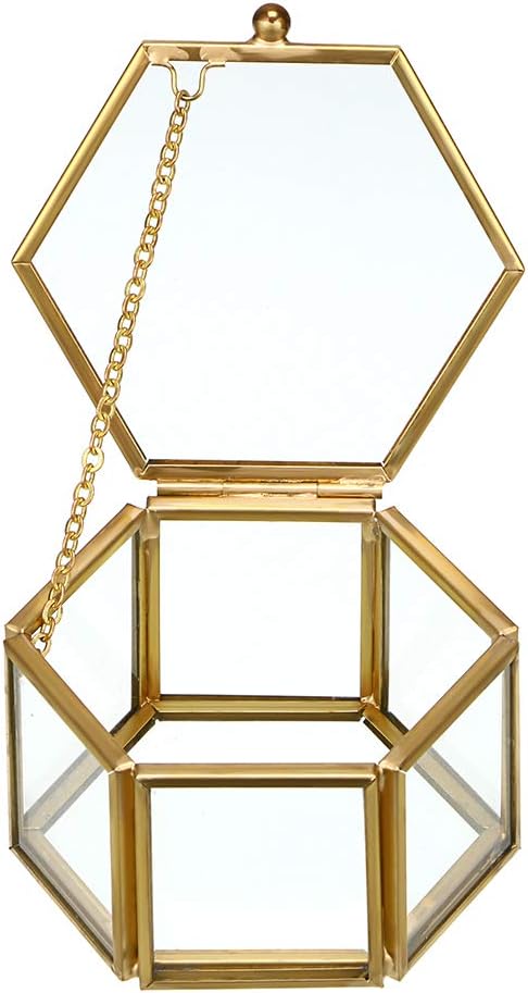 Hipiwe Golden Hexagonal Glass Jewelry Box - Vintage Trinket Organizer for Rings, Earrings, Keepsakes & Home Decor (Small)