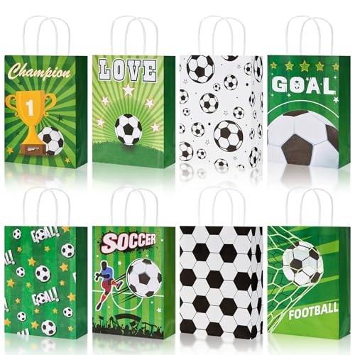 32pcs Football Paper Party Bags Soccer Gifts Bags with Handle Football Party Favors Snack Treat Bags for Kids Boys Birthday Soccer Football Party Supplies