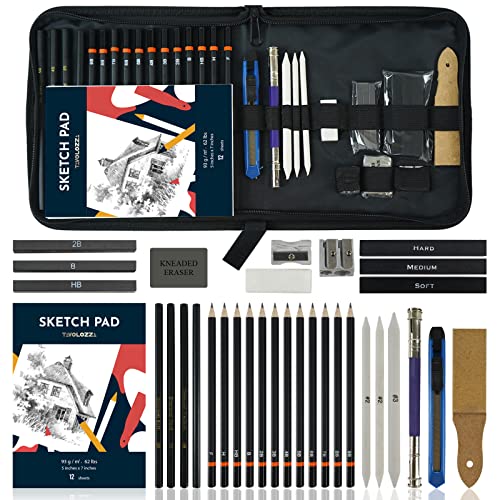 Tavolozza Art Supplies 34 Piece Sketching Pencils and Drawing Set in Travel Carry Case- Includes Pencils, Charcoal Pencils,Charcoal Sticks, Erasers and More Accessories Cover