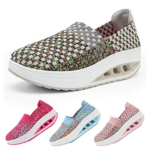 KCTRFSJ Women's Woven Air Cushion Orthopedic Sneakers,Fashion Wedge Platform Slip on Loafer Walking Shoes with Arch Support,Comfortable Casual Stretch Toning Rocker Shoes