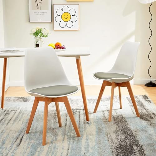 Image of Set of 4 Modern Style Mid Century Modern Dinning Room Cafe Hotel Office Wooden Legs Chair (White with Grey Seat)