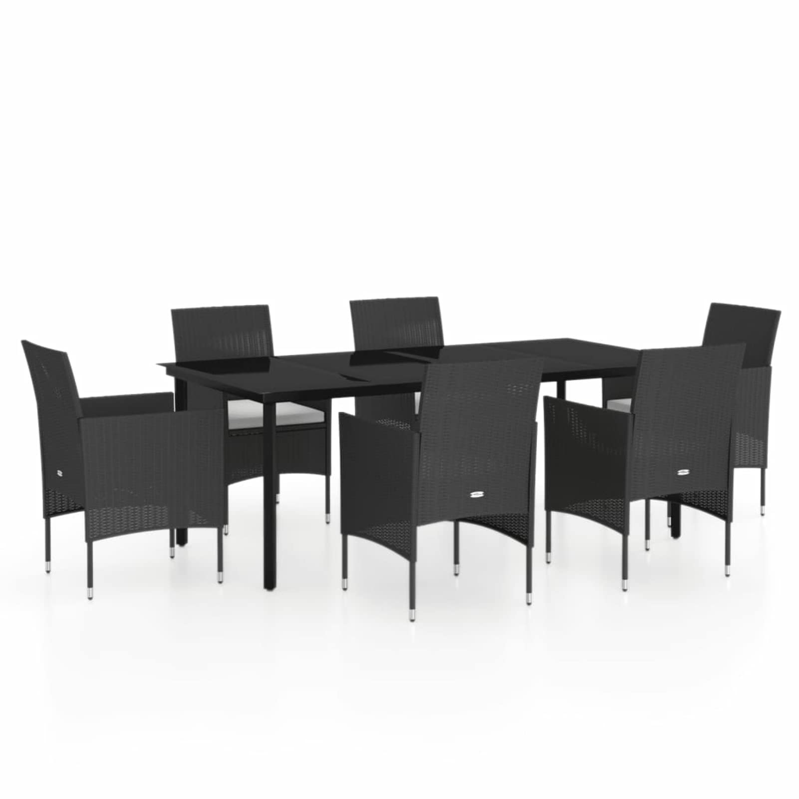 Juego de Comedor para Jardín Negro - Mesa 200x100x74 cm, 6 Sillas de Ratán PE, Vidrio, Acero - Adecuado para Exterior