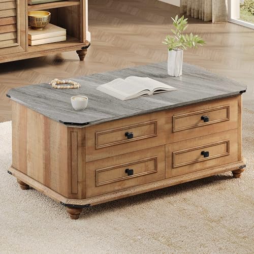 DWVO Lift Top Coffee Table with Storage, Farmhouse Wood Central Table w/Large Hidden Compartment, 2 Storage Drawers, Lift Tabletop Dining Table for Living Room, Reception Room, Rustic Brown