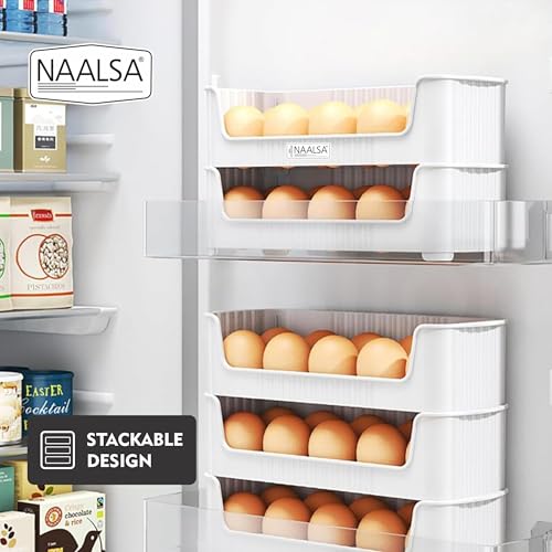 Image of NAALSA ELITE Egg Tray Set of 3 Stackable, 30 Egg Storage, 10 Slots Per Tray, Egg box Space-Saving Organizer for Fridge Side Door, Tabletop & Cabinet, BPA-Free, Durable, Detachable, Freezer Safe