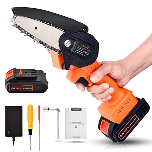 Cordless Mini Chainsaw, GOXAWEE 20V 4 Inch Power Chain Saw, Small Handheld Electric Saw - with 2Ah Battery / Charger / Replacement Chain for Wood Cutting, Farming, Garden, and Courtyard Tree Trimming