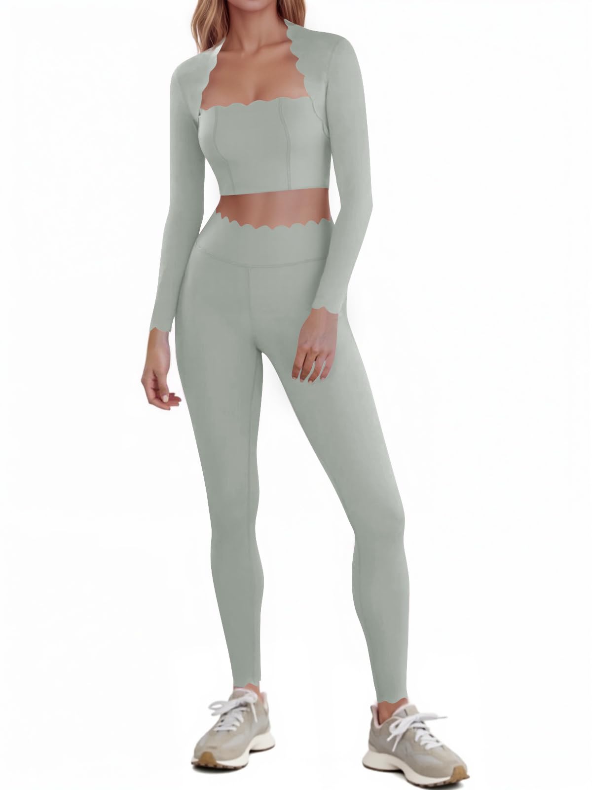 Fisoew Two Piece Workout Sets For Women High Waisted Scolloped Leggings with Crop Tops Gym Yoga Active Wear