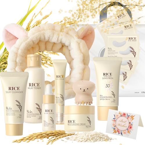 Luxury 14PCS Rice Korean Skincare Set | Complete Routine with SPF50 Cleanser Serum Eye Cream & Tools | Premium Travel Rice Skin Care Sets & Kits for Women Teen Mom | Birthday Christmas Gift Set