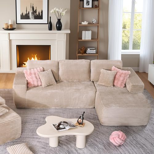 Image of HOOOWOOO Sectional L Shaped Couch,106 inch Assembly Free Modern Minimalist Sofa,Extra Deep Large Corner Sofa Couch Set in A Box for Living Room(Right Chaise Beige Velvet Uphosted)