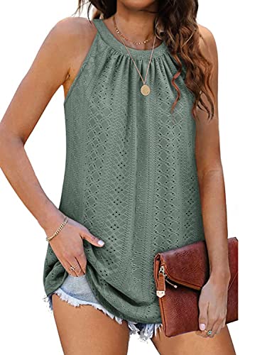 Women's Flowy Tank Tops Plus Size Summer Sleeveless Pointelle Tunic Camisole Elegant Pleated Halter Tees Green XL