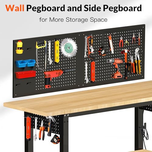 Image of 60 inch Adjustable Height Workbench Work Bench for Garage Work Table with Under Table Shelf Heavy Duty Rubber Wood Top for Shop Woodworking, Office, Home, Commercial