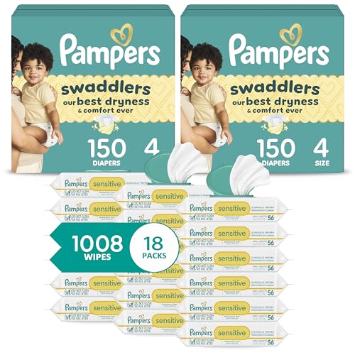 Image of Pampers Swaddlers Disposable Baby Diapers Size 4, 2 Month Supply (2 x 150 Count) with Sensitive Water Based Baby Wipes 12X Multi Pack Pop-Top and Refill (1008 Count) [Packaging May Vary]