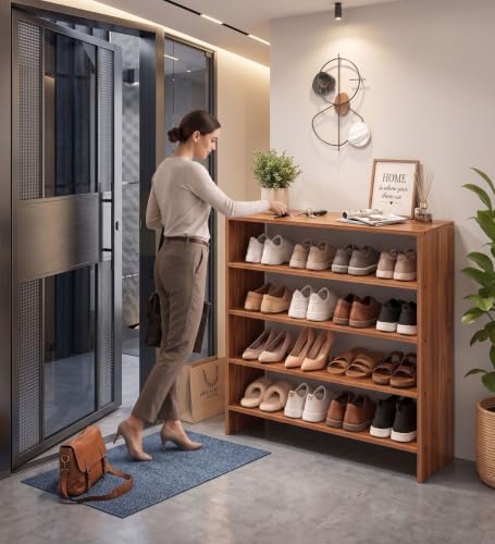 Image of Spyder Craft Engineering Wood Open Shelf Shoe Organizer Shoe Cabinet for Home, Shoe Rack with Multiple Shelves, Space Saving Shoe Rack for Entryway, Living Room & Bedroom, Noce Lyon, DIY Assembly