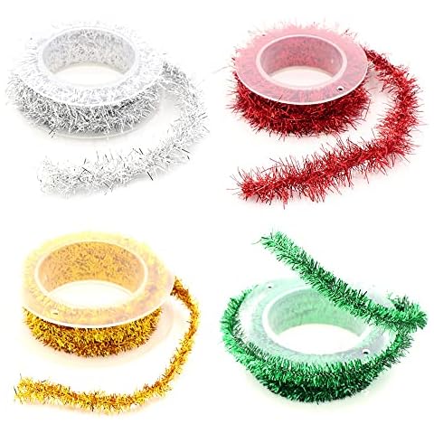 4 Rolls Christmas Tinsel Garland Christmas Tree Hanging Tinsel Decoration Shiny Garland Metallic Christmas Tree Garland Hanging Decorations for Holiday Present Wrapping Decoration DIY Craft Supplies Cover
