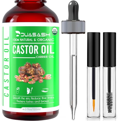 Duasash Aceite de Ricino para Pestañas y Cejas 120ml Aceite de Ricino Puro para Cabello, Barba, Uñas, Cuerpo y el Rostro Prensado en Frío, Ideal Aceite Pelo Crecimiento Cabello Castor Oil con Cepillos