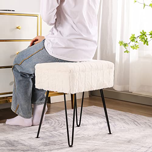 Cuyoca Vanity Stool Ottoman With Storage Bench, Faux Fur Stool For Vanity With Metal Legs, Makeup Chair Vanity Stool For Bedroom Living Room, Cream #TOP5