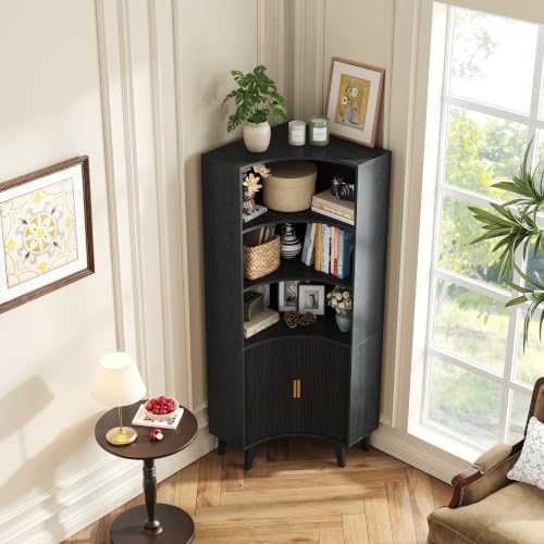 Image of Tall Corner Cabinet with Fluted Doors, 5-Tier Coffee Bar Cabinet | Narrow Storage Cabinets with Adjustable Shelves, Bathroom Organizers and Storage for Small Space, Black