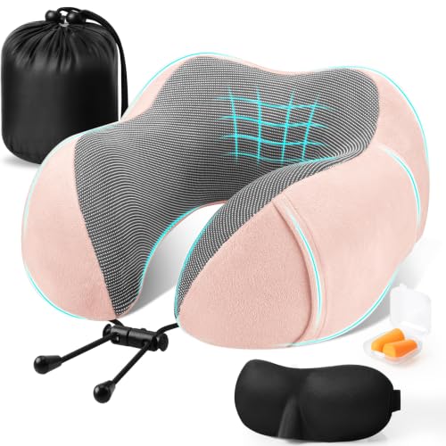 Image of CloudBliss Neck Pillow for Airplanes, Memory Foam Travel Pillow, Pink