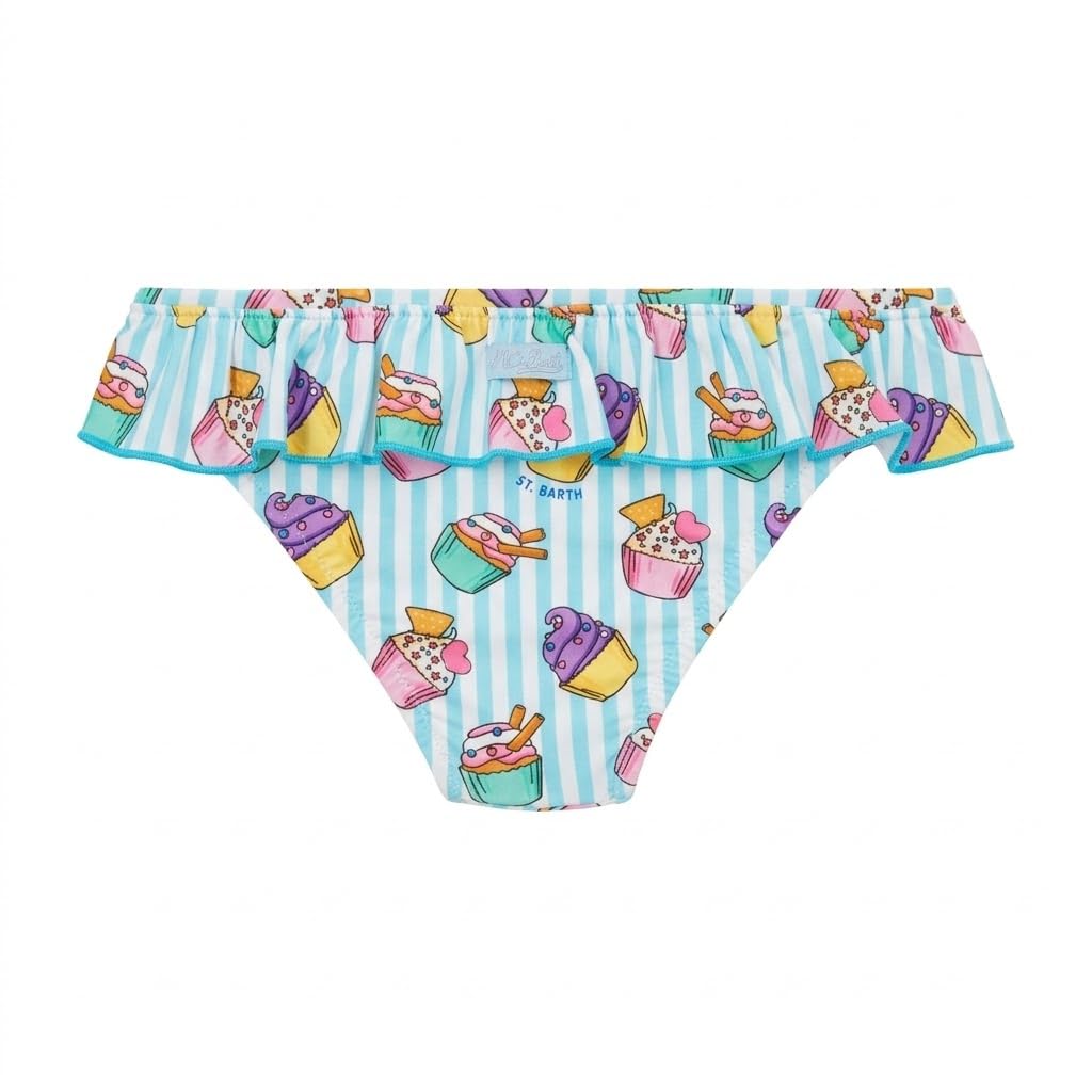 Saint Barth MC2 Costume Slip Mare Melly con Volant a Righe Biacnhe e Azzurre con Stampa Cupcake