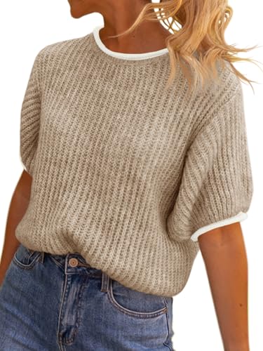 Image of Saodimallsu Womens Puff Short Sleeve Sweater Tops Spring Summer Color Block Ribbed Knit Crew Neck Going Out Shirts