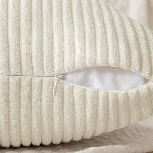 Image of MIULEE Cream White Decorative Throw Pillow Covers 20x20 Inch for Couch Bed Sofa Pack of 2 Beige Neutral Boho Farmhouse Throw Pillows Soft Cross Corduroy Patchwork Textured Cushion Cases