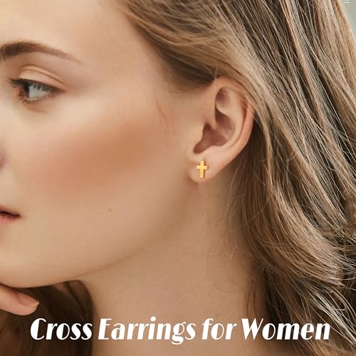 FUNRUN JEWELRY 3Pairs Stainless Steel Cross Earrings for Women Men - Hypoallergenic Tiny Dainty Studs, Lightweight & Comfortable Daily Wear - Gold Tone/Black/Silver Tone4
