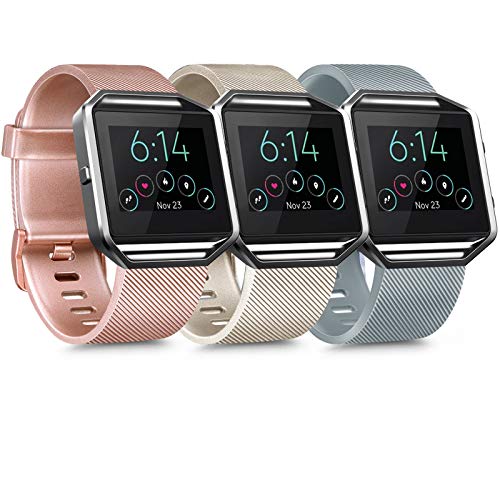 [3 Pack] Silicone Bands Compatible with Fitbit Blaze Bands for Women Men, Replacement Sport Wristband for Fitbit Blaze Smart Fitness Watch, Not Included Blaze and Frame (Small, Gray, Rose Gold, Gold)