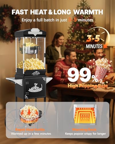 Image of 10 oz Popcorn Machine with Cart, Pop Corn Maker Machine with Wheel&Stainless-Steel Kettle Makes Up to 40 Cups, Vintage Movie Theater Style Popcorn Machine with Tilting pot, Black
