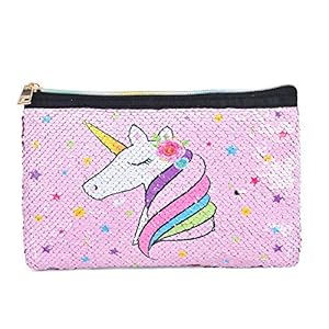 WERNNSAI Unicorn Makeup Bag – Reversible Sequin Cosmetic Bag Sparkly Pink Zipper Vanity Toiletry Bag Pouch Purse for Girls Women Travel Birthday Christmas Gift