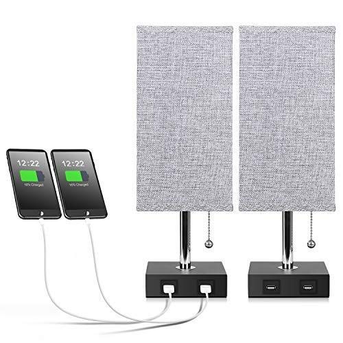 Preisvergleich Produktbild LED-Schreibtischlampe Eye-Caring Tischlampen dimmbar Offi USB-Nachttischlampe, Nachttischlampen mit 2 Nützlich USB-Lade Ports, Massivholz-Nachttisch-Lampe mit grauem Stoffschirm Ideal for Schlafzimmer