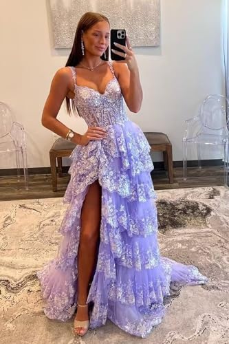 Xijun Sparkly Tiered Lace Tulle Prom Dresses Long 2025 Spaghetti Straps Corset Slit Formal Evening Gowns2