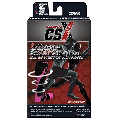 Image of CSX 20-30 mmHg Compression Socks for Men and Women, Knee High, Recovery Support, Athletic Sport Fit, Pink on Black, Large