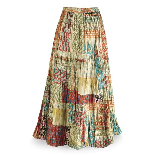 CATALOG CLASSICS Womens Reversible Boho Maxi Skirt - Patchwork Floral Long Skirt, 36" L - Gold/Green - 1X