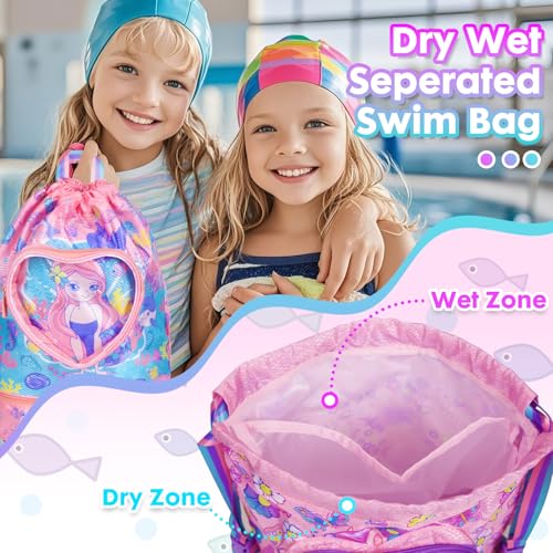 Drawstring Backpack for Kids Girls, Cute Cartoon Mermaid Waterproof Drawstring Bag String Swim Gym Sports Beach Bag with Shoes Compartment and Wet Proof Pocket4
