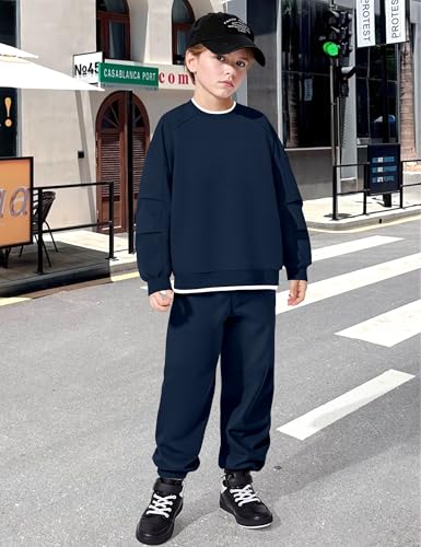 KANGKANG Boys Clothes Size 10-12 Youth, Teen Clothes Two Piece Round Neck Long Sleeve Sweatshirt Pullover Top and Sweatpants with Pocket Fall Winter Outfits Set3