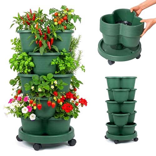 Relaxdays Pflanzturm vertikaler Garten stapelbar auf Rollen HxD: 66x33 cm Erdbeer-Turm mit 5 Etagen PP grün