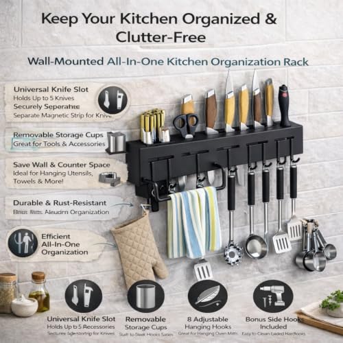 Image of Wall Mounted Kitchen Rack, Knife Holder,Towel Hanger, Cutlery Holder Storage Rack