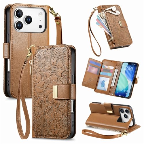 Étui iPhone 17 marron simili cuir portefeuille fermeture éclair porte-carte protection clapet