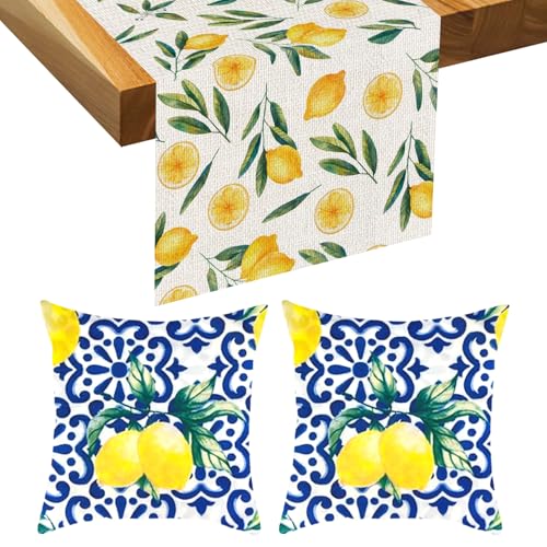 2 housses de coussin, 1 nappe, housse de coussin d'extérieur imperméable, housse de coussin d'extérieur bleue, housse de coussin citron, housse de coussin...