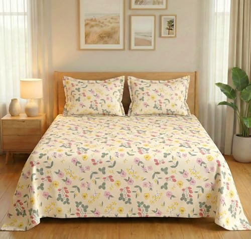 Image of VAS COLLECTIONS 300 TC Premium Cotton Bedsheet Set Double Bed | Soft Breathable Flat Sheet with 2 Pillow Covers | Luxury Printed Bedding | Elegant Durable Bed Linen 230x254 cm (Spring Ivory)