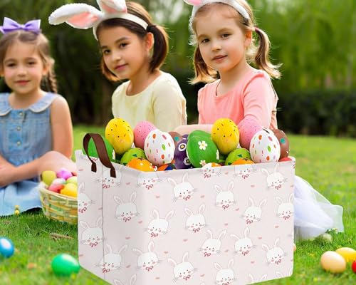 Image of Large Rectangular Easter Baskets Empty Waterproof Boy Toy Box Foldable Kid's Gifts Storage Bin Spring Room Decor(Pink Love Rabbit Head)