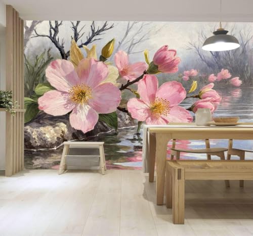 Papier Peint 3D Fleurs de Cerisier Rose Reflet Eau 150x105 - 4