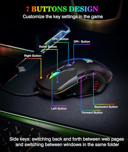 Wired PC Gaming Mouse: High Precision Sensor,RGB Backlit, Adjustable DPI, 7 Buttons Programmable,Ergonomic mice for Office & Gaming on Windows/Mac/Linux/Chrome-Black - Image 4
