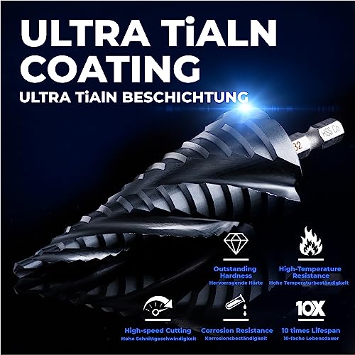 toolant Four Spiral Flute Cobalt Step Drill Bit(Pro Max), 4-32mm Impact Ready Four Spiral Flutes Unibit Step Bit - Image 2