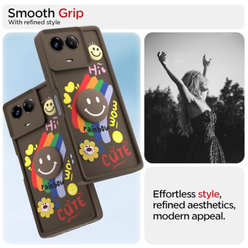 Image of Pikkme Back Cover for Realme 11 / 11X 5G / Narzo 60X 5G | Soft Silicone| Cute Rainbow Smile & 3D Cartoon Flower Design | Shockproof Raised Camera Protection Bumper Case (Brown)