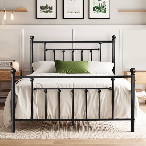 VECELO Marco de cama de 140 x 200 cm, cama de metal con cabecero alto, cama doble minimalista moderna para dormitorio, habitación de invitados, mucho espacio de almacenamiento debajo de la cama, color