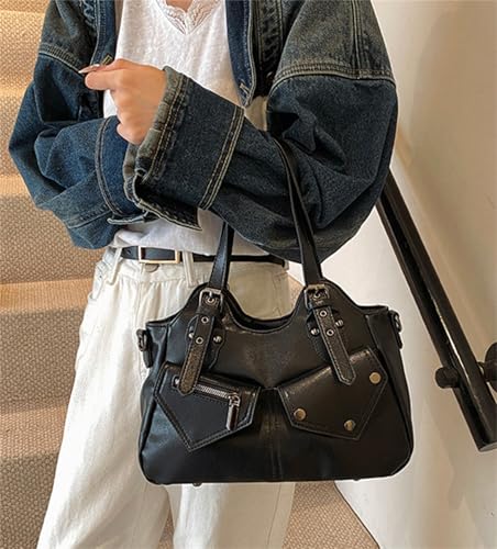 Y2K Retro PU Leather Shoulder Bag Women Large Tote Crossbody Handbag Rivet Buckle Decor Adjustable Strap2