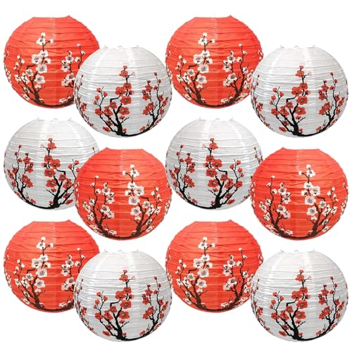 12 Pcs Chinese Lantern Decorations, 12 Inch Plum Blossom Paper Lanterns, for Party Asia Home Restaurant Wedding Decor (White+Red)