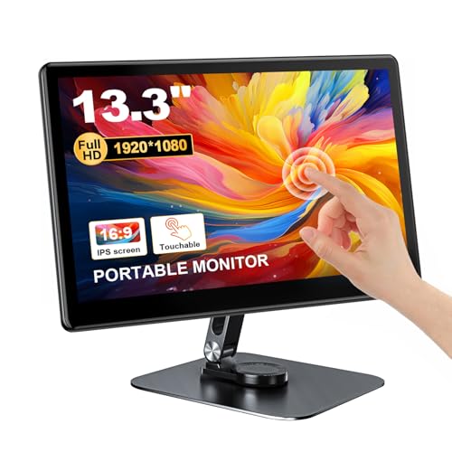 Image of 13.3 inch Touchscreen Portable Monitor with Adjustable VESA Stand, 1920x1080 Full HD IPS Touch Display, 16:9 Portable Monitor with VESA Mount for Laptop, Industrial, Work, Touchable Second Screen