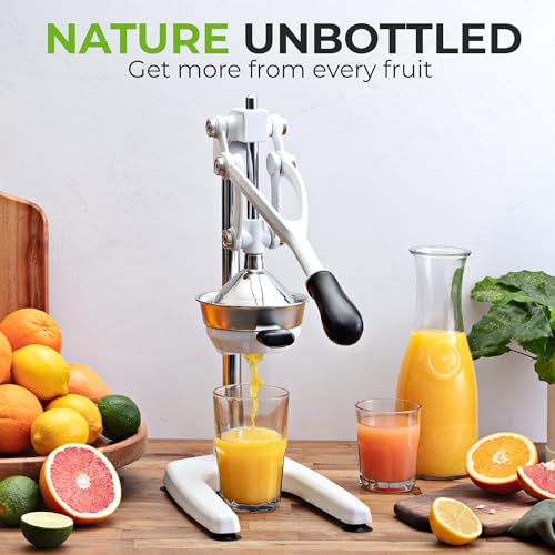 Image of Zulay Kitchen Pulperizer 9 in 1 Cast Iron Juicer - Easy-to-Clean Heavy-Duty Manual Juicer with Presser Attachment to Juice All Types of Fruits! Extra Tall with Stainless Steel Bowl - White